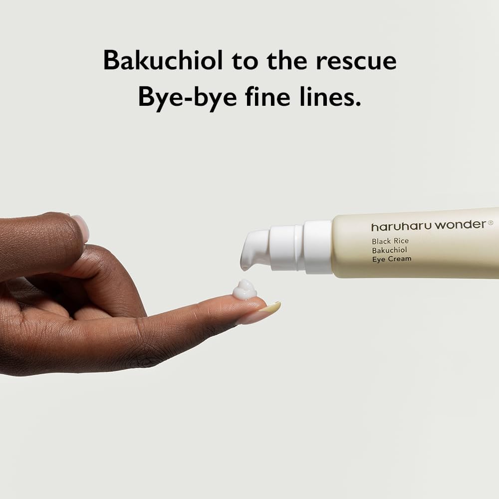 Hand applying eye cream with text 'Bakuchiol to the rescue Bye-bye fine lines' and 'haruhuawonder' branding.