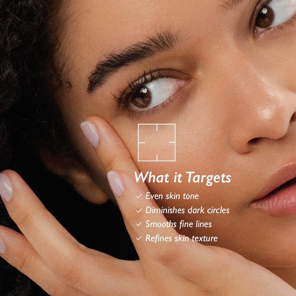 Close-up of a woman's face with text highlighting Haruharu Wonder Bakuchiol Eye Cream benefits