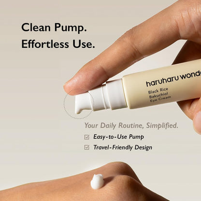 Hand holding a tube of Haruharu Wonder Bakuchiol Eye Cream with Black Rice with text highlighting ease of use and features.