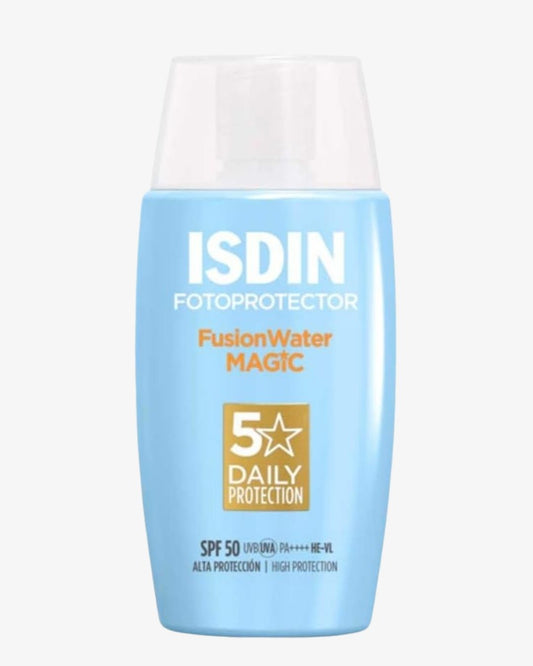 A bottle of ISDIN Fotoprotector FusionWater Magic SPF 50 sunscreen, featuring a light blue bottle with a clear cap and gold and white text, set against a plain light gray background.