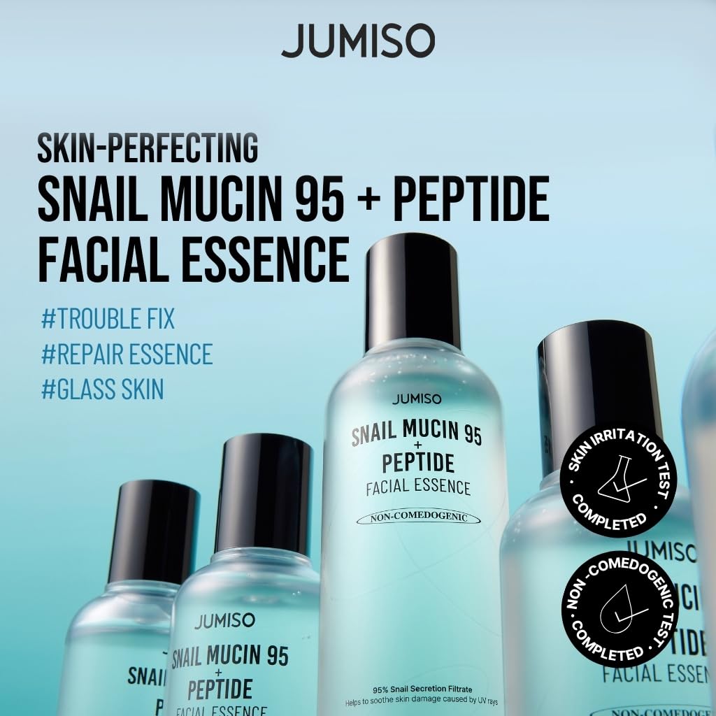Jumiso Snail Mucin 95 + Peptide Facial Essence bottles on a light blue background