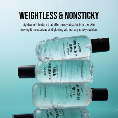Three bottles of Jumiso facial essence on a light blue background with text about weightless and nonsticky texture.