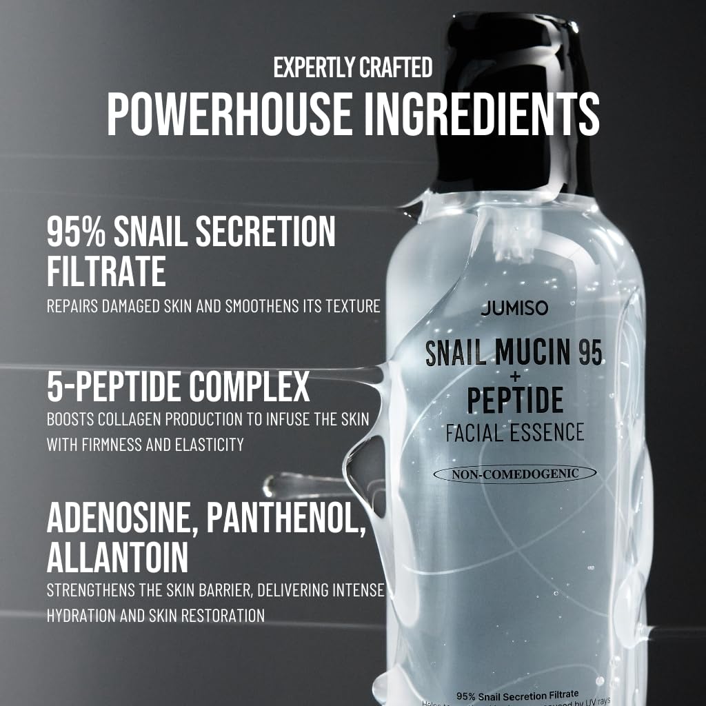 JUMISO Snail Mucin 95% Peptide Essence with text detailing ingredients on a dark background