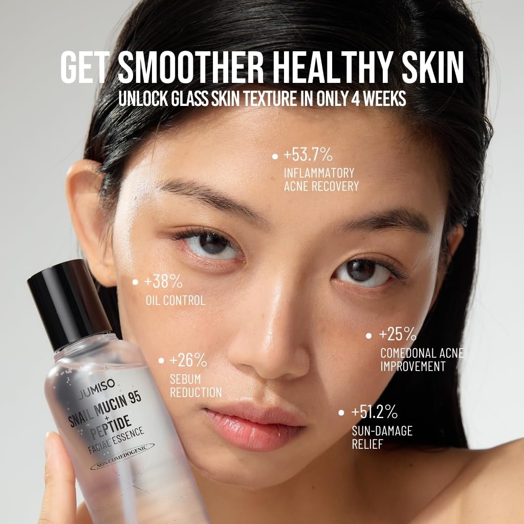 Woman holding a JUMISO Snail Mucin 95% Peptide Essence with text about skin improvement benefits on a gray background