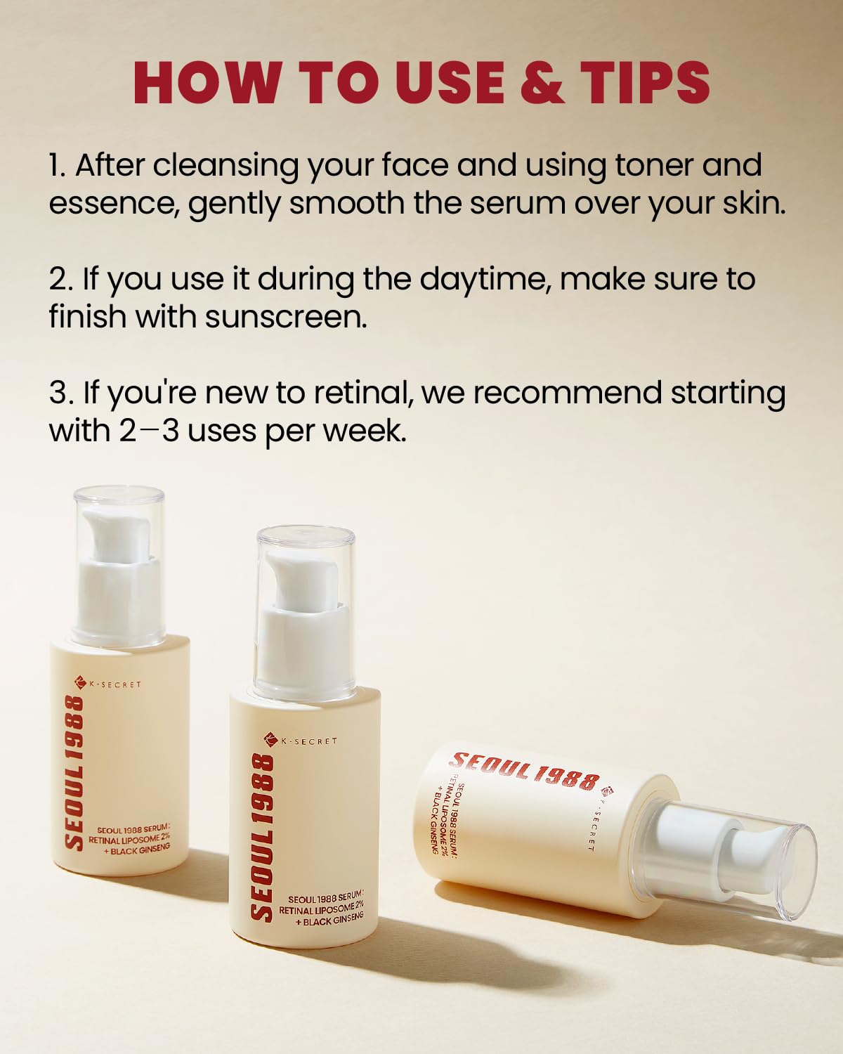 Three seoul 1988 serums with usage instructions on a beige background