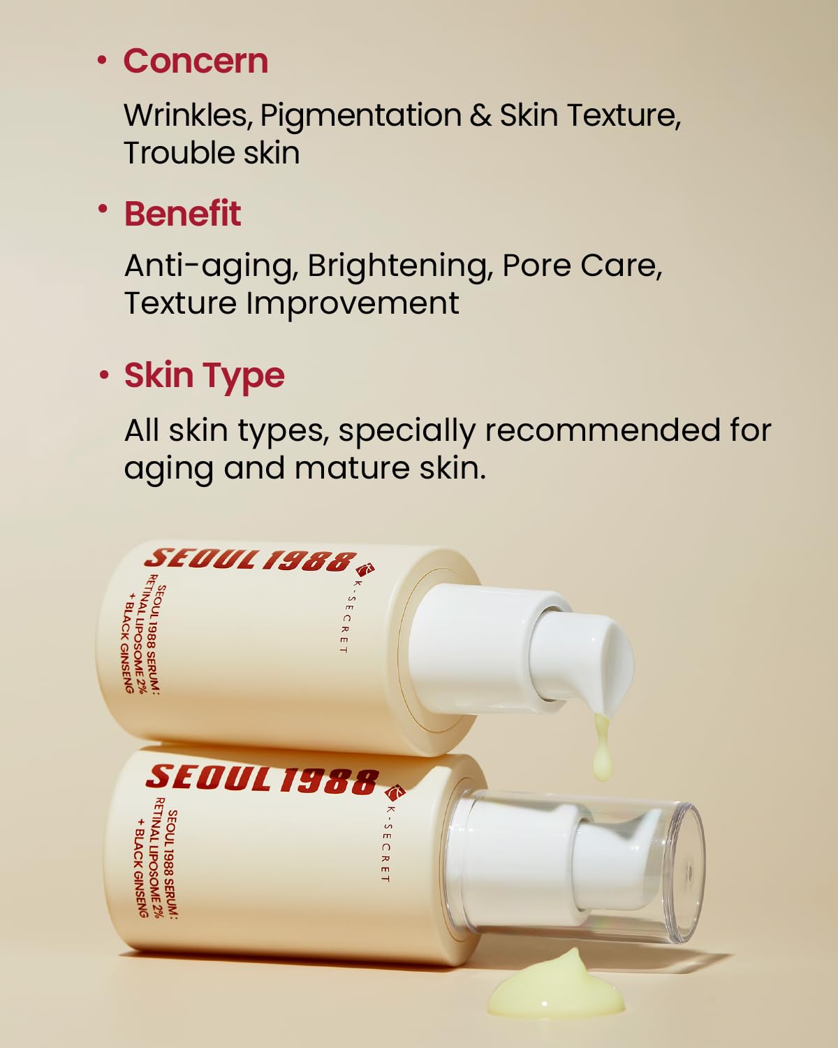 Two K-secret Seoul 1988 bottles with text detailing concerns, benefits, and skin type suitability on a beige background.