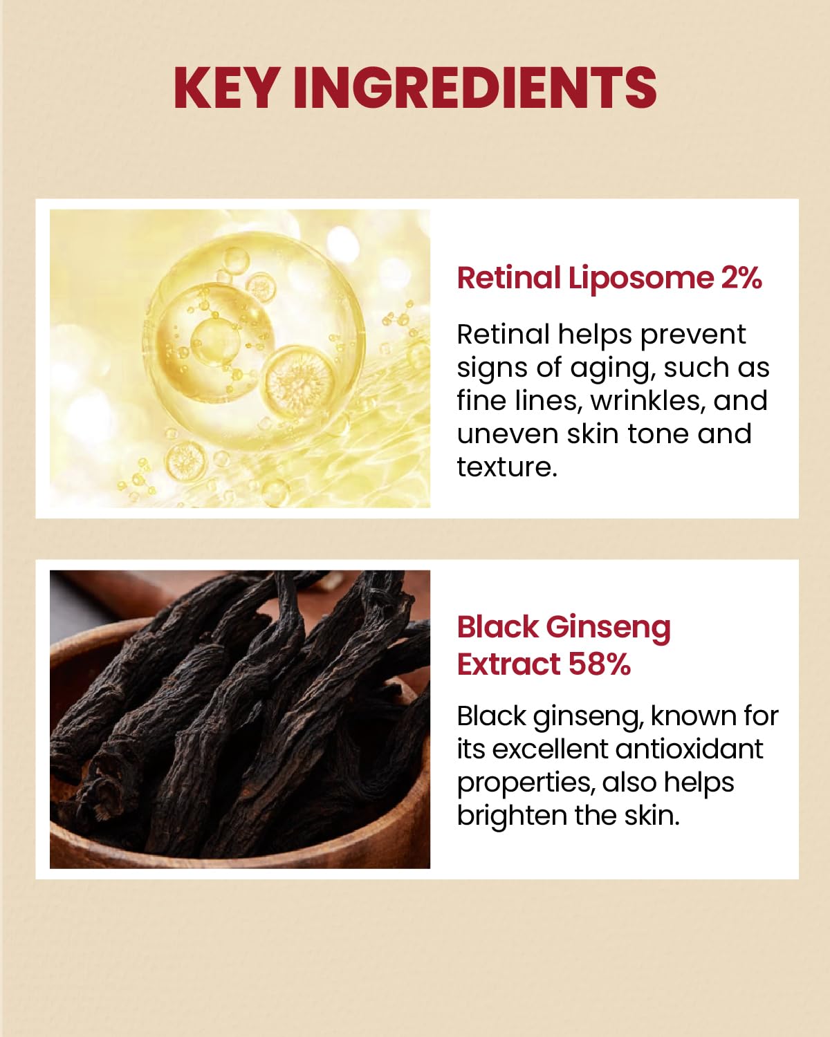 Key ingredients of a K-Secret SEOUL 1988 Serum with retinal liposome and black ginseng extract on a beige background.