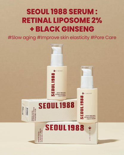 SEOUL 1988 skincare serum and packaging on a beige background
