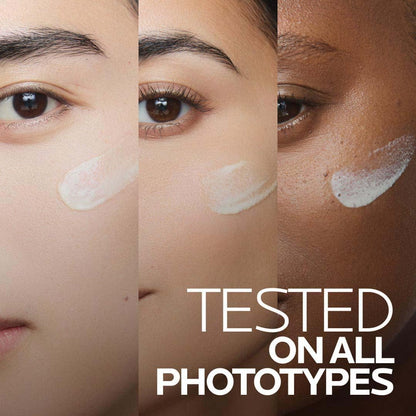 Three close-up views of a person's face with a La Roche-Posay Anthelios UVMune 400 Oil Control Fluid SPF50 applied, labeled 'Tested on All Phototypes'.