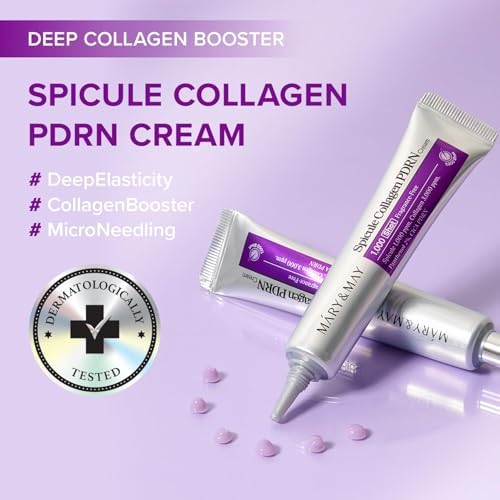 Spicule Collagen PDRN Cream with branding and product details on a purple background