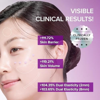 Woman's face with visible skin improvements and clinical results text on a purple background