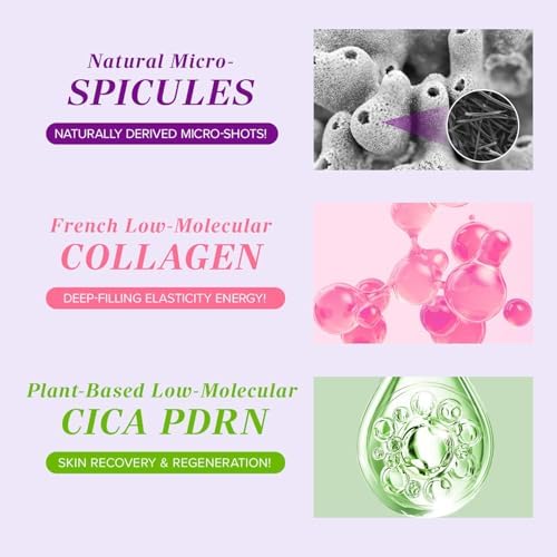 Advertisement for natural micro-spicules, French low-molecular collagen, and plant-based low-molecular CICA PDRN with microscopic images and text on a light purple background.