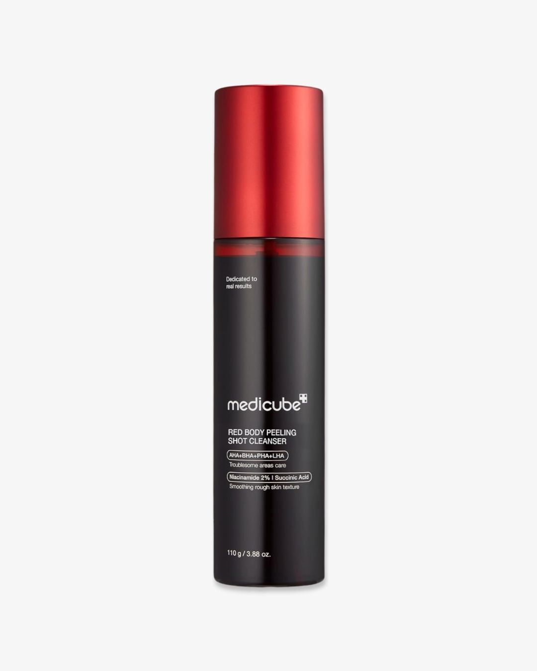 Medicube Red Body Peeling Shot Cleanser bottle with red background