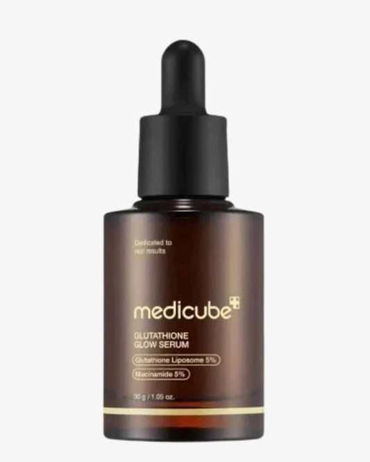 Medicube Glutathione Glow Serum in an amber glass dropper bottle with a black cap, shown against a plain white background.