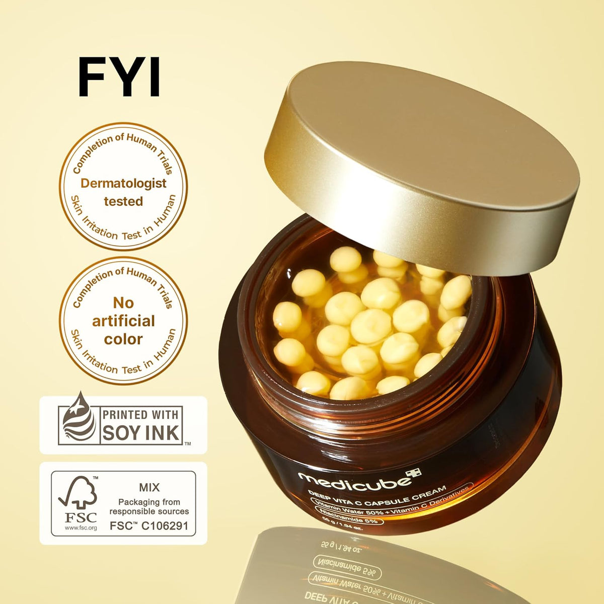 Jar of Medicube Deep Vita C Capsule Cream with capsules on a beige background, featuring 'FYI' branding and sustainability logos.