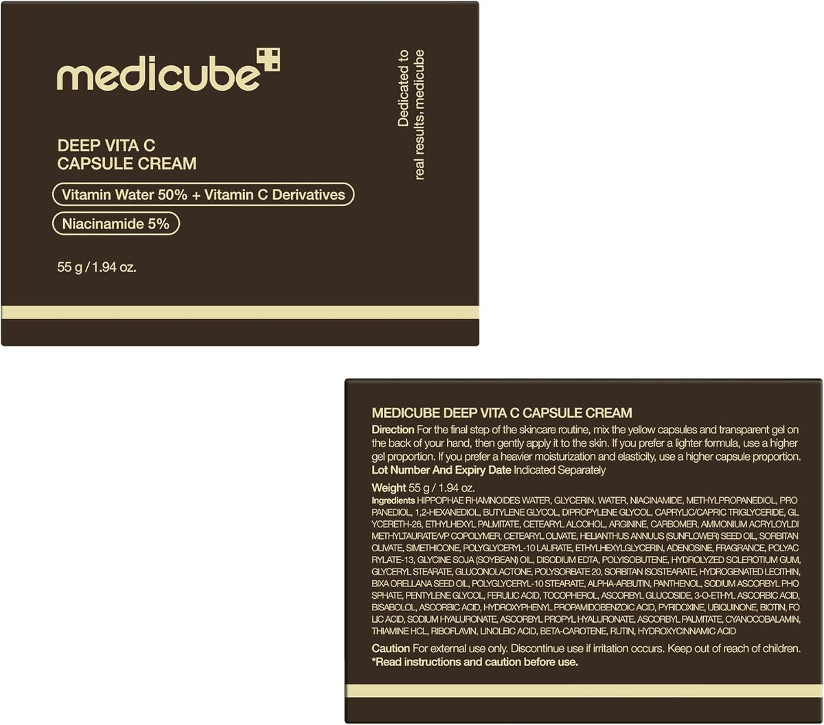Packaging of Medicube Deep Vita C Capsule Cream with detailed information on a white background.