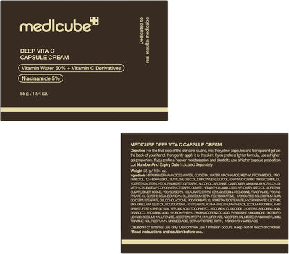 Packaging of Medicube Deep Vita C Capsule Cream with detailed information on a white background.