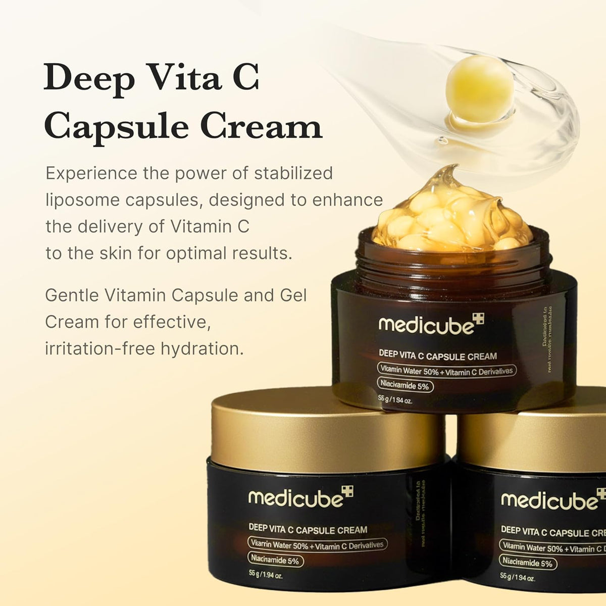 Medicube Deep Vita C Capsule Cream with text on a beige background