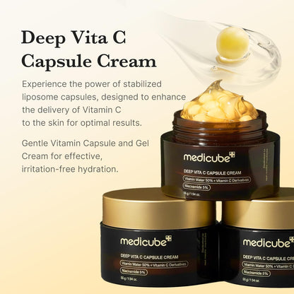 Medicube Deep Vita C Capsule Cream with text on a beige background