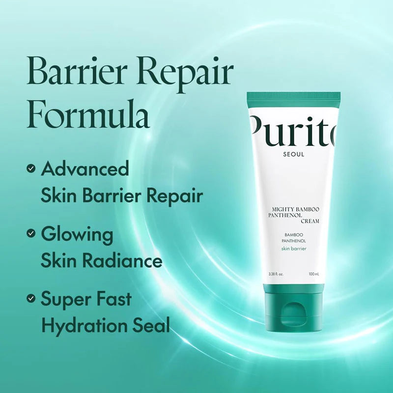 Purito skincare cream tube with barrier repair formula text on a teal background