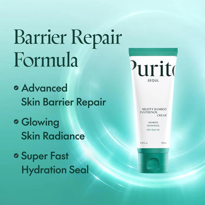 Purito skincare cream tube with barrier repair formula text on a teal background