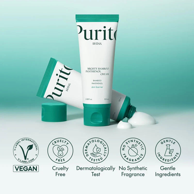 Purito skincare cream with green cap on a light blue background, featuring brand logos and product details.