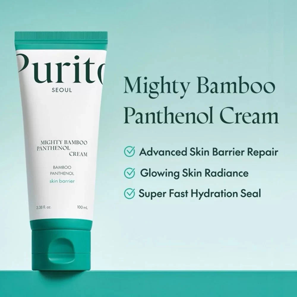 Purito Mighty Bamboo Panthenol Cream tube on a light blue background with product features listed.
