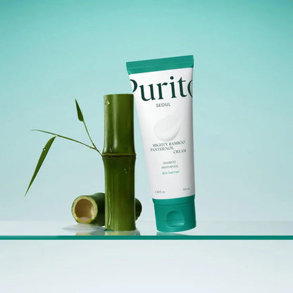 Tube of Purito cream with bamboo elements on a light blue background