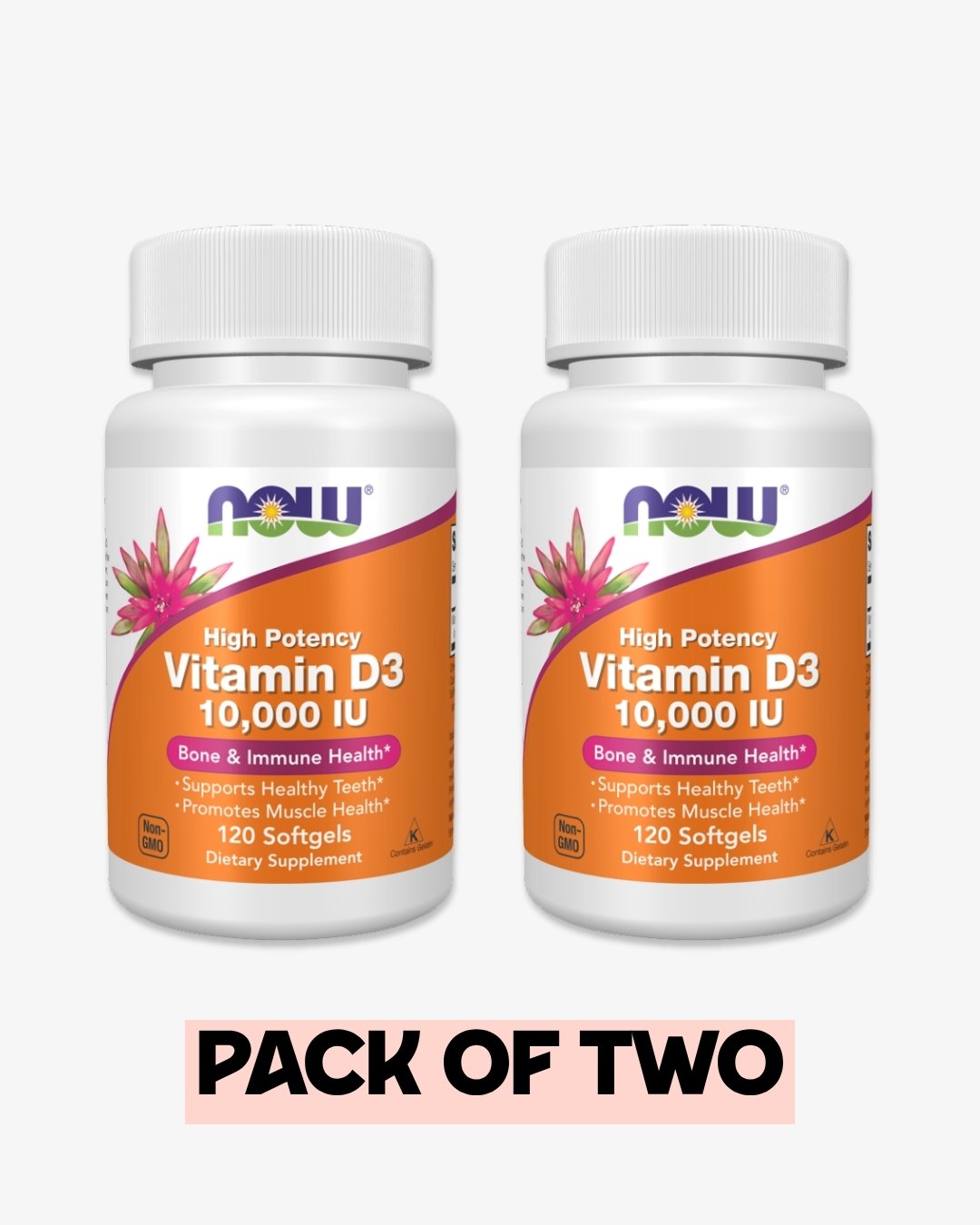 Pack of Two : NOW Foods Supplements, Vitamin D-3 10,000 IU, Highest Potency, Structural Support*, 120 Softgels