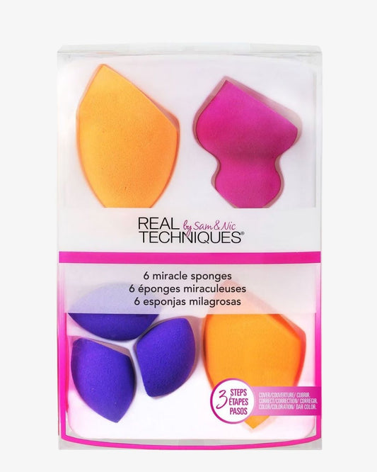 Real by Sean & Me Techniques 6-miracle makeup sponges in a clear plastic retail package, showing four sponge shapes in orange, pink, purple, and blue with printed product text and a '3 Steps' badge.