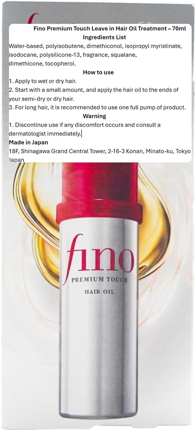 Fino Premium Touch hair oil packaging with application instructions on a white background