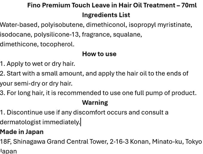 Ingredients list and usage instructions for Fino Premium Touch Leave in Hair Oil Treatment on a white background.
