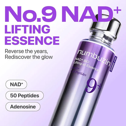 Purple bottle of Numbuzin No. 9 NAD+ Lifting Essence on a light purple background