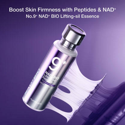 NAD+ BIO Lifting-sil Essence bottle with text on a purple background